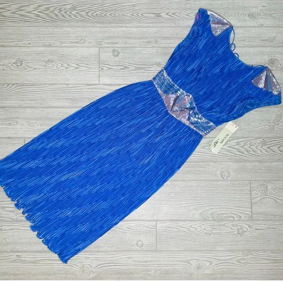 Vintage Dresses | Nwt 1980 Ricki Lang for Nuit Blue Ruffle Pleated Beaded Formal , Evening Dress 6 | Color: Blue | Size: 6 | Scoy1's Closet